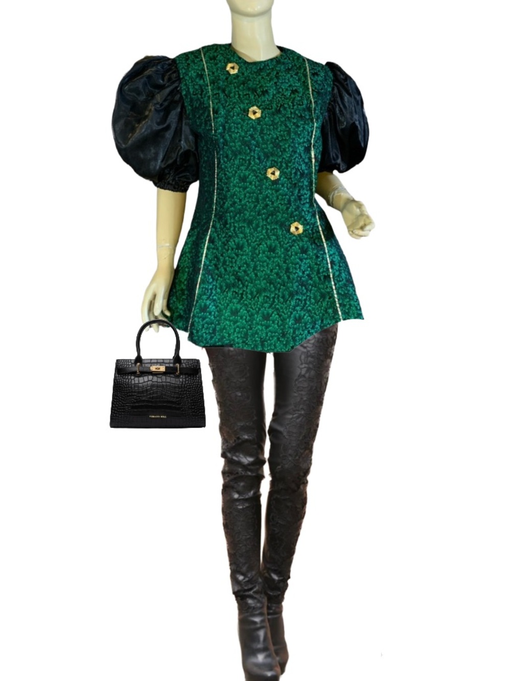 HANDMADE AVANT GARDE GREEN AND BLACK PUFFED SLEEVE BLOUSE (M)